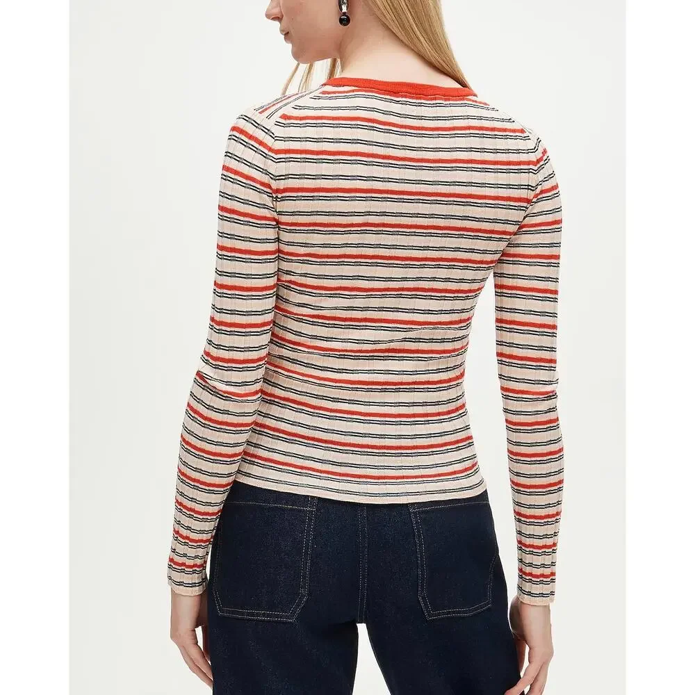 J. Crew Wide-rib high V-neck sweater striped merino wool Red Apricot NWT Small